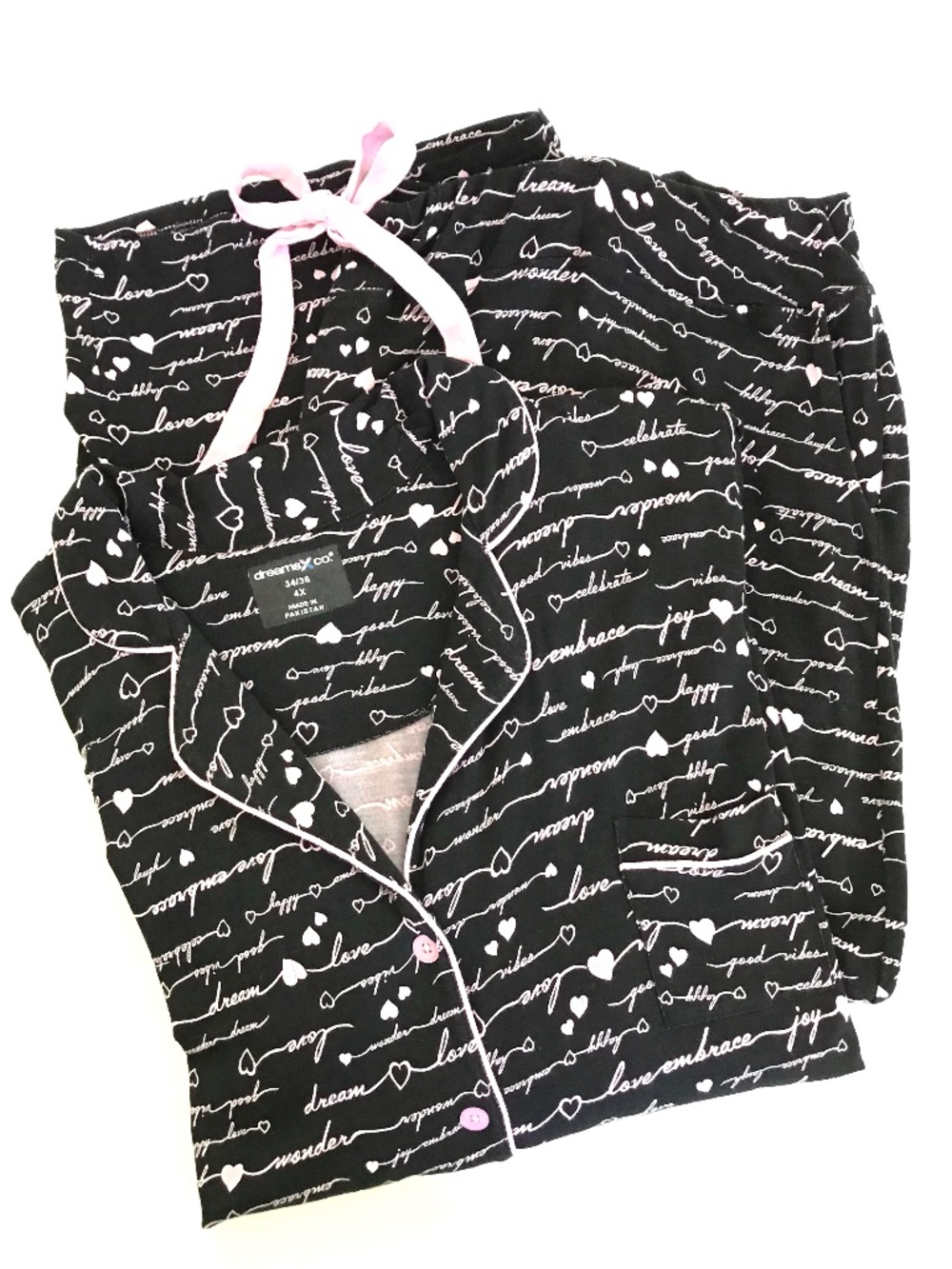 DREAMS & CO. Pajamas Set Black and Pink Love Dream Happy Wonder Plus Size 4X